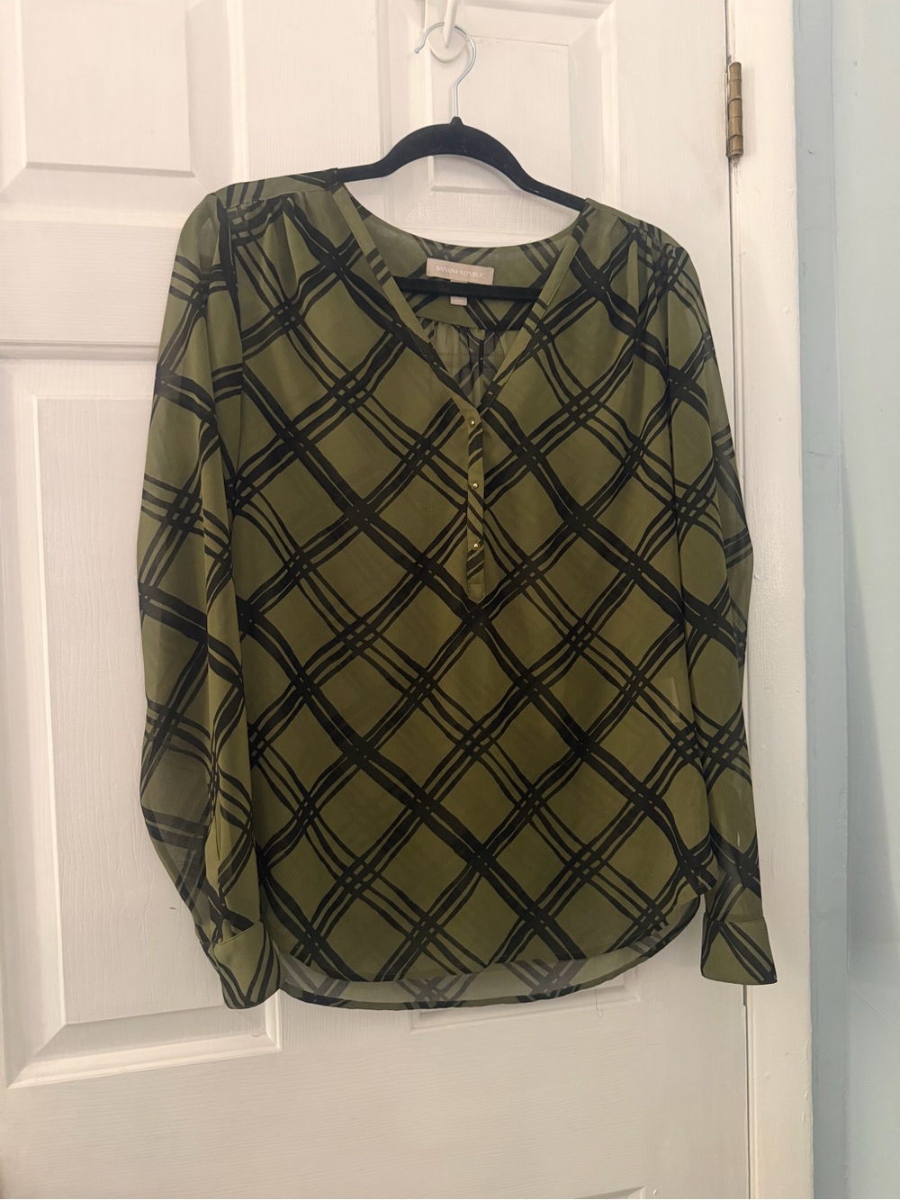 Banana Republic Women’s M Olive Green Black Plaid Sheer Blouse